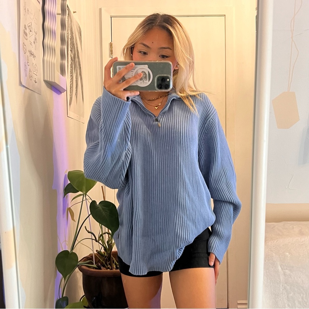 CHAPS VINTAGE blue oversized quarter zip sweater